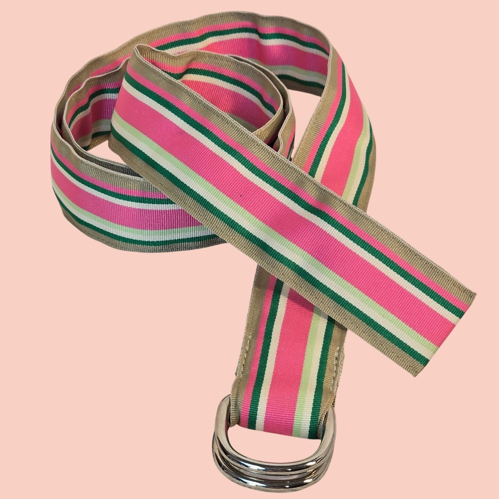 1980's Preppy Perfect Pink Green‎ Striped D-Ring Belt Womens Medium Handcrafted